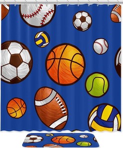 Sport Football Baseball Basketball Pattern Shower Curtain with Waterproof and Durable Material 