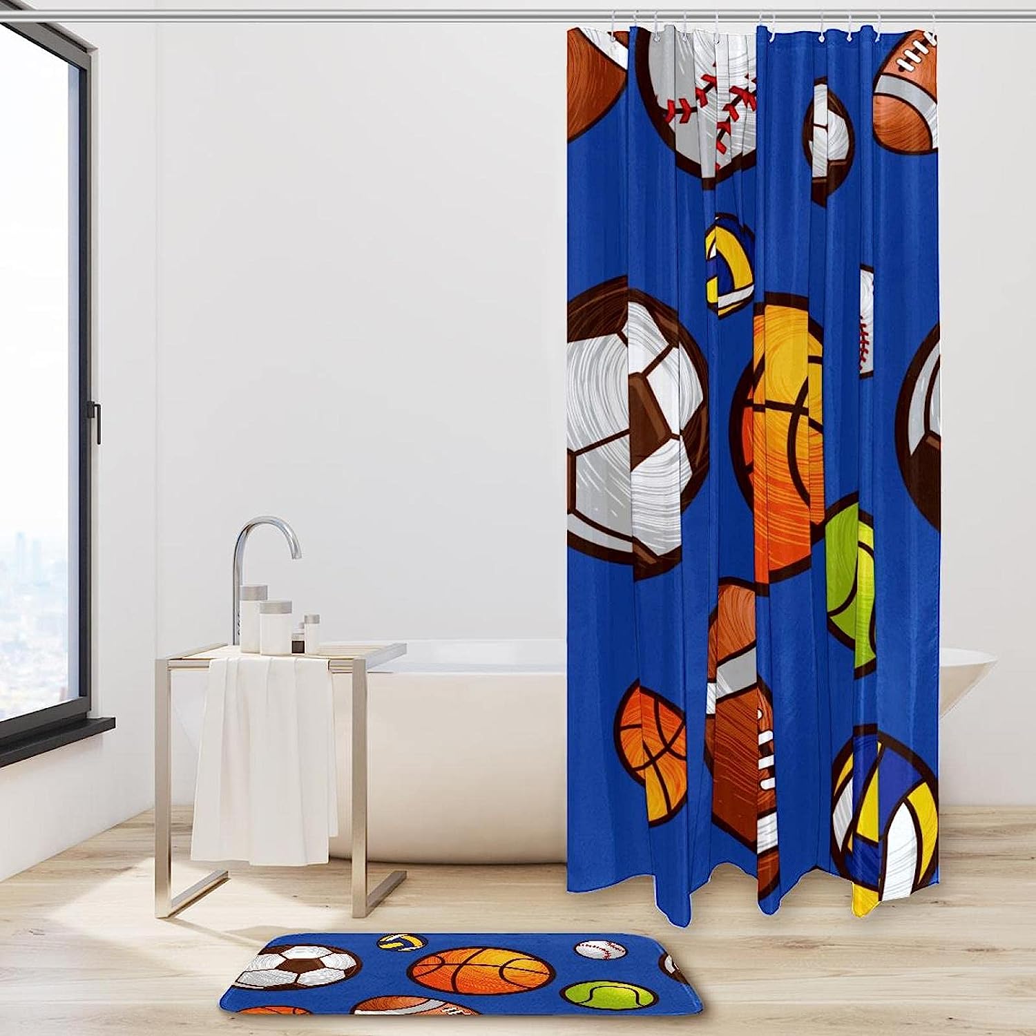 Sport Football Baseball Basketball Pattern Shower Curtain with Waterproof and Durable Material
