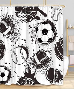 Sports Ball Shower Curtain For Kids Boy Men'S Sport Football Basketball Competition, Black And White Colors