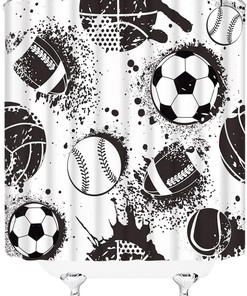Sports Ball Shower Curtain For Kids Boy Men'S Sport Football Basketball Competition, Black And White Colors