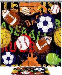 Sports Balls Pattern Waterproof Shower Curtain for Basketball, Baseball, Soccer, and Football Fans 