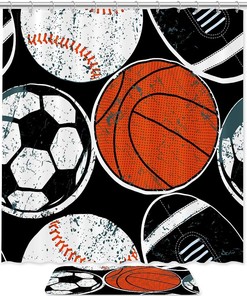Sports Balls Soccer Baseball Basketball Print Shower Curtain for Athletic Bathroom 