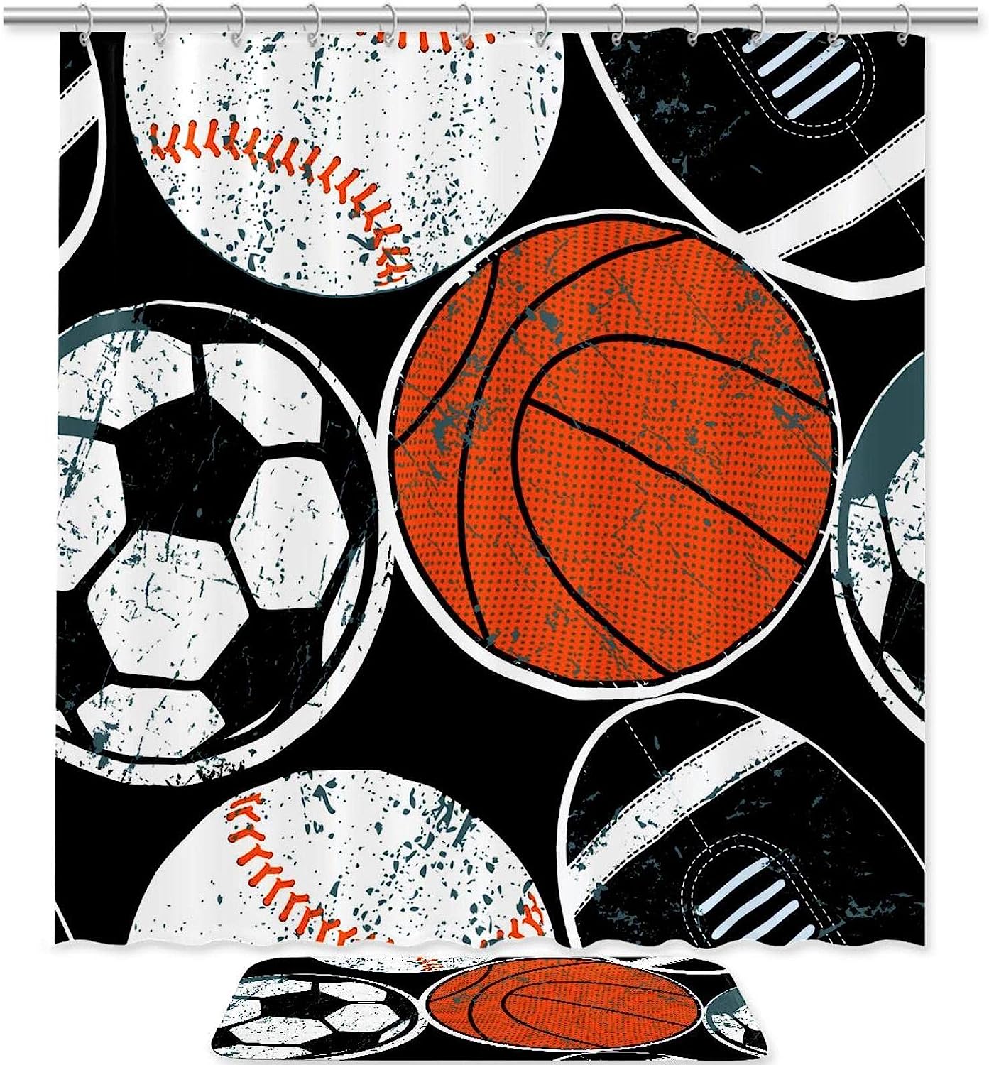 Sports Balls Soccer Baseball Basketball Print Shower Curtain for Athletic Bathroom
