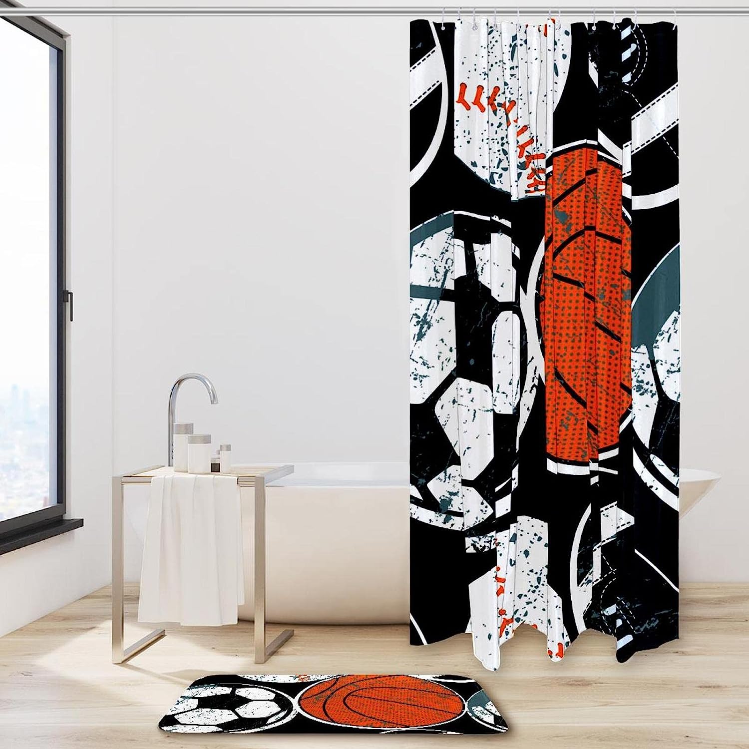 Sports Balls Soccer Baseball Basketball Print Shower Curtain for Athletic Bathroom