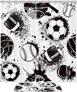 Sports Basketball Baseball Football Pattern Shower Curtain - Waterproof Bathroom Decor