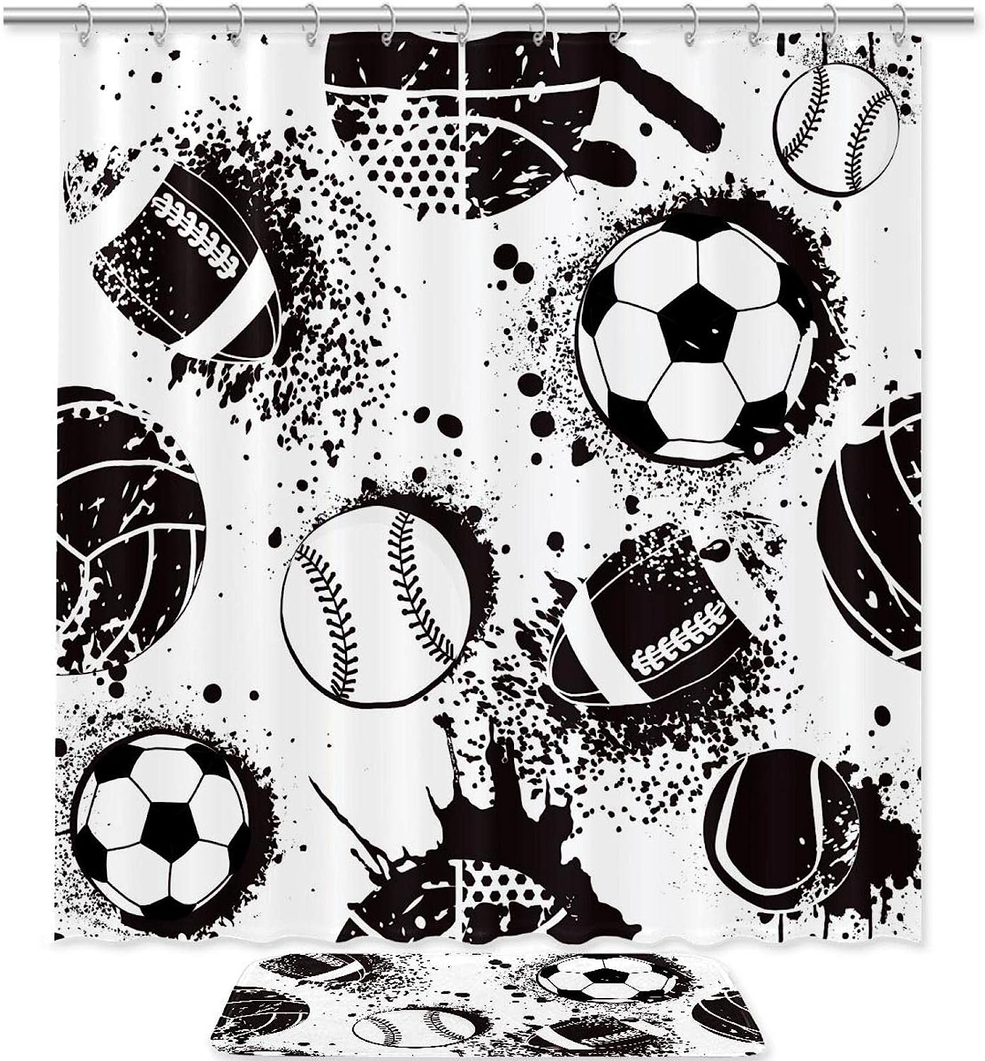 Sports Basketball Baseball Football Pattern Shower Curtain - Waterproof Bathroom Decor