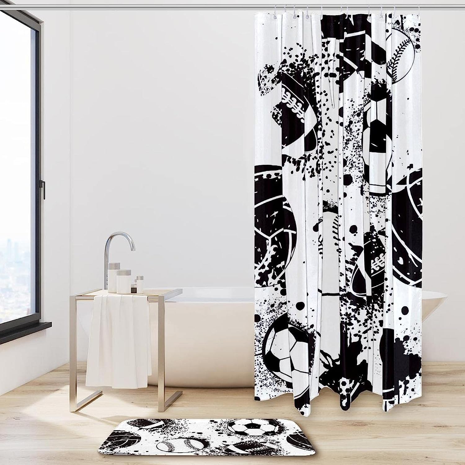 Sports Basketball Baseball Football Pattern Shower Curtain - Waterproof Bathroom Decor