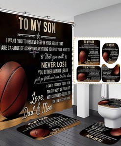 Sports Quotes Basketball Court Shower Curtain, Positive Motivational Words Bathroom Decor, Soft Toilet Mats for My Son