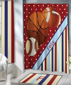 Sports Red Shower Curtain for Kids with Basketball, Football & Baseball Design