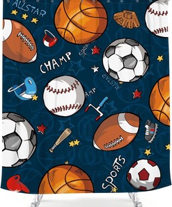 Sports Shower Curtain for Kids Boys Children Basketball Football Baseball Hockey Blue