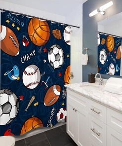 Sports Shower Curtain for Kids Boys Children Basketball Football Baseball Hockey Blue