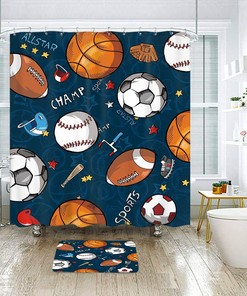 Sports Shower Curtain for Kids Boys Children Basketball Football Baseball Hockey Blue