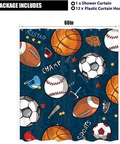 Sports Shower Curtain for Kids Boys Children Basketball Football Baseball Hockey Blue