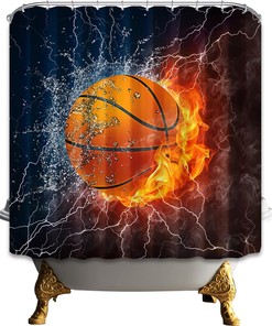 Sports Shower Curtain with Basketball on Fire and Water Flame Thunder Lightning - Shocur Sports