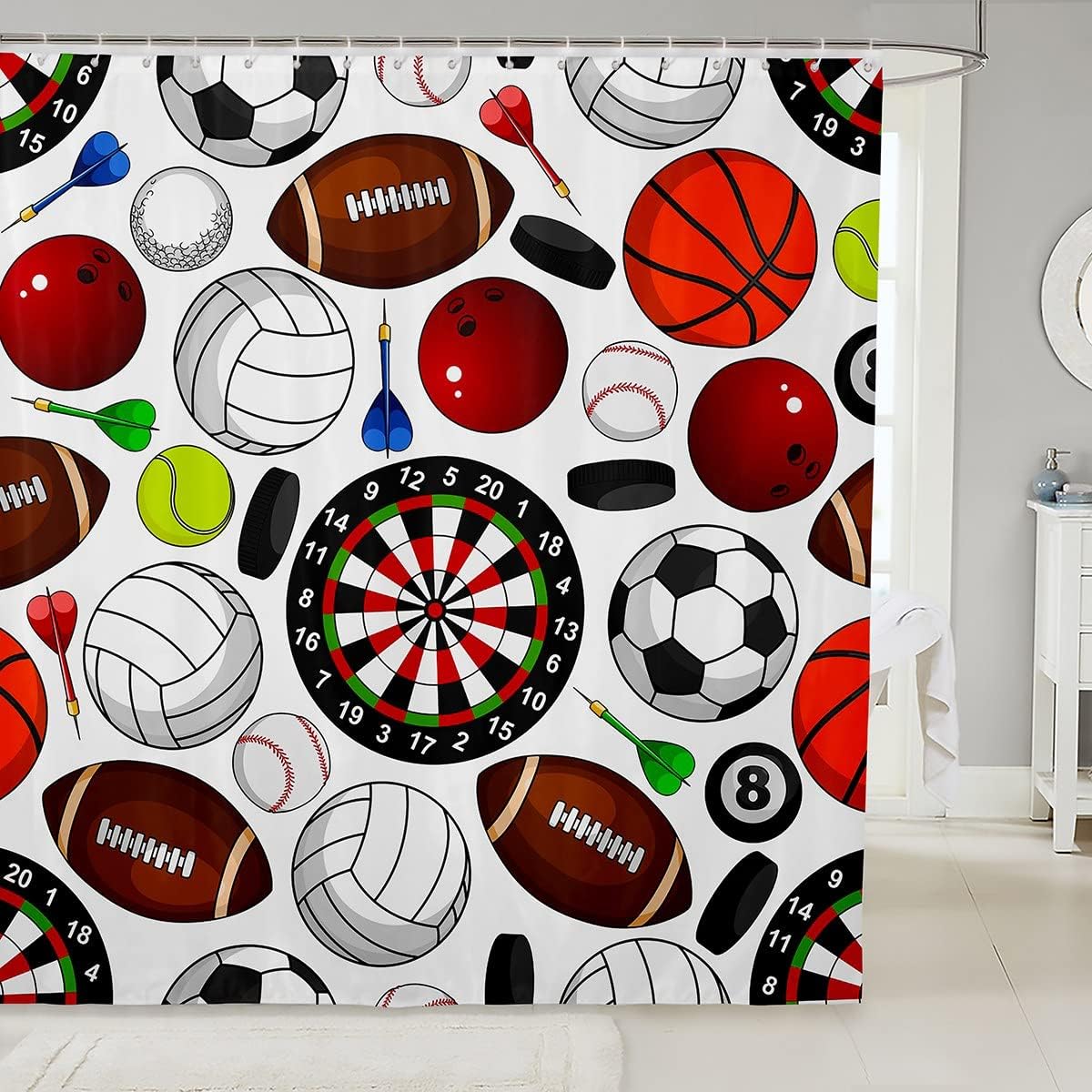Sports Theme Bath Curtain For Kids With Volleyball Print Shower Curtain - Football Baseball Basketball