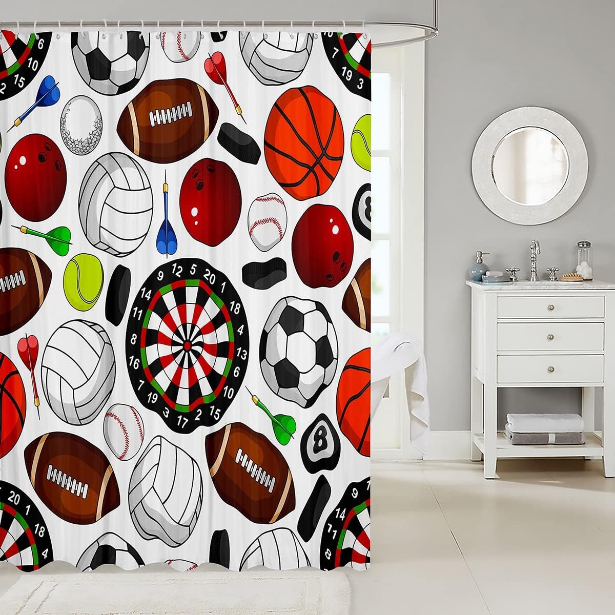 Sports Theme Bath Curtain For Kids With Volleyball Print Shower Curtain - Football Baseball Basketball