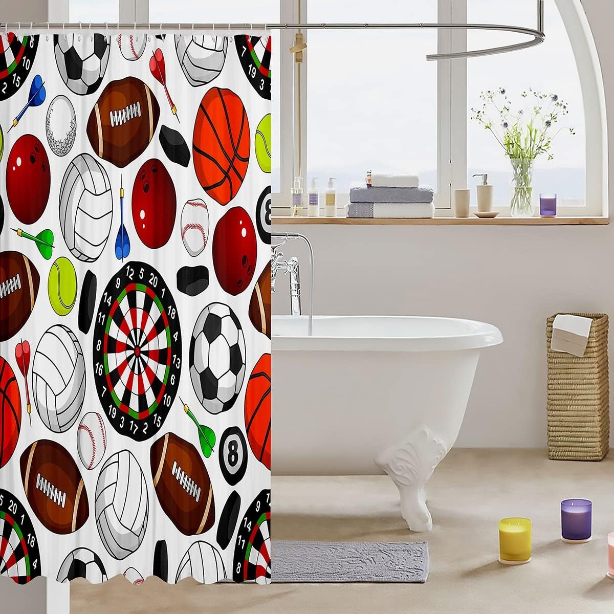 Sports Theme Bath Curtain For Kids With Volleyball Print Shower Curtain - Football Baseball Basketball
