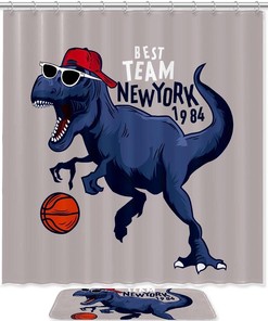 Sports-Themed Dinosaur Basketball Shower Curtain For A Playful And Sporty Bathroom Decor
