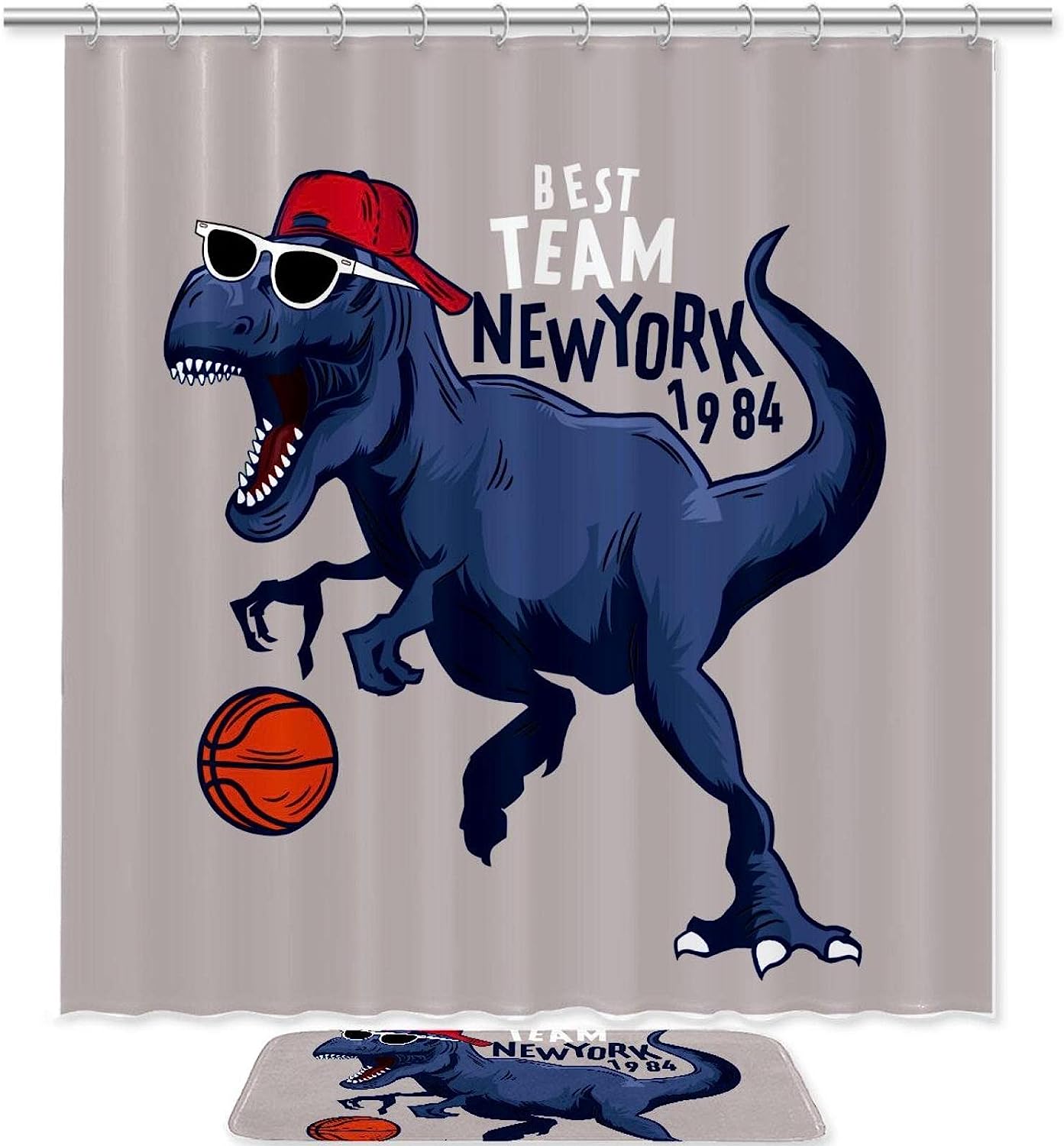 Sports-Themed Dinosaur Basketball Shower Curtain For A Playful And Sporty Bathroom Decor