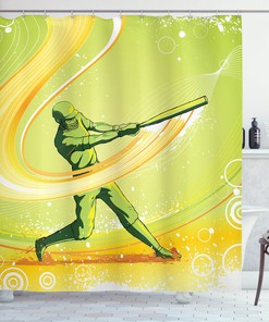Sporty Cartoon Shower Curtain With Baseball Player Hits Print For Bathroom Decor