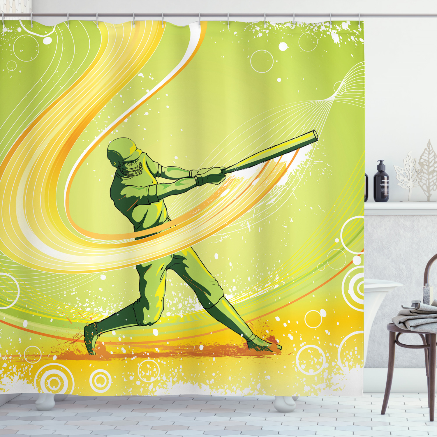 Sporty Cartoon Shower Curtain With Baseball Player Hits Print For Bathroom Decor - Image 3