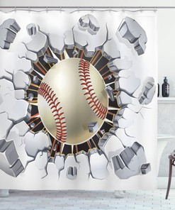 Sporty Illustration Design Baseball Ball In Plaster Wall Decor Shower Curtain, Great Addition To Boys' Bathroom Decor