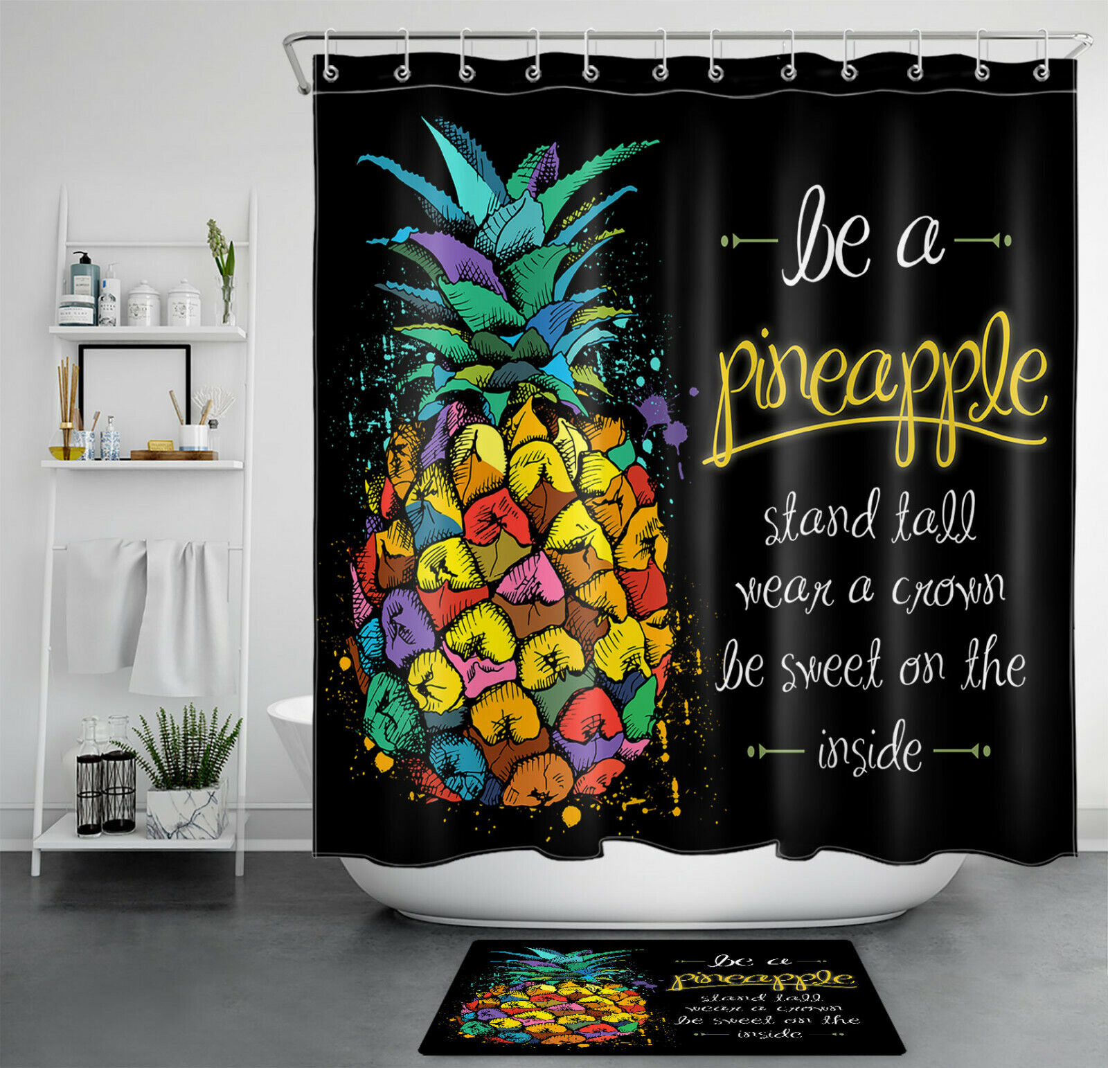 Sporty and Funny Pineapple Word Print Shower Curtain for a Playful Bathroom