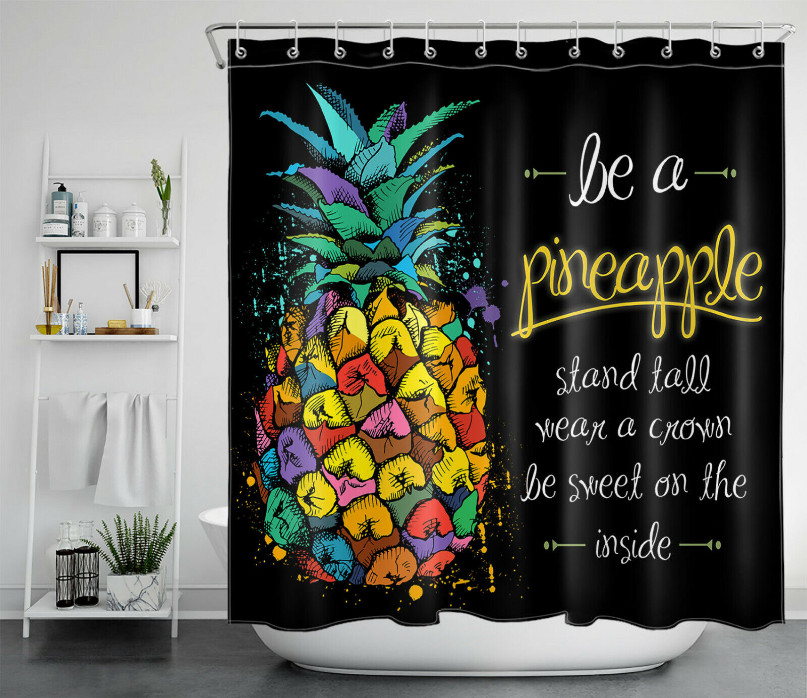 Sporty and Funny Pineapple Word Print Shower Curtain for a Playful Bathroom