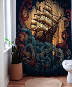Sprawling Kraken Sea Monster Shower Curtain, Nautical Bathroom Decor