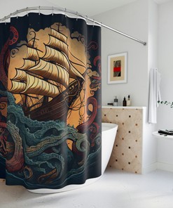 Sprawling Kraken Sea Monster Shower Curtain, Nautical Bathroom Decor