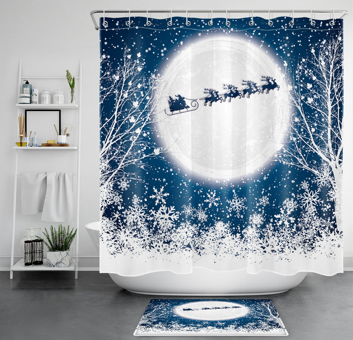 Sprightly Christmas Moon And Snowflake Shower Curtain - Festive Bathroom Accessory
