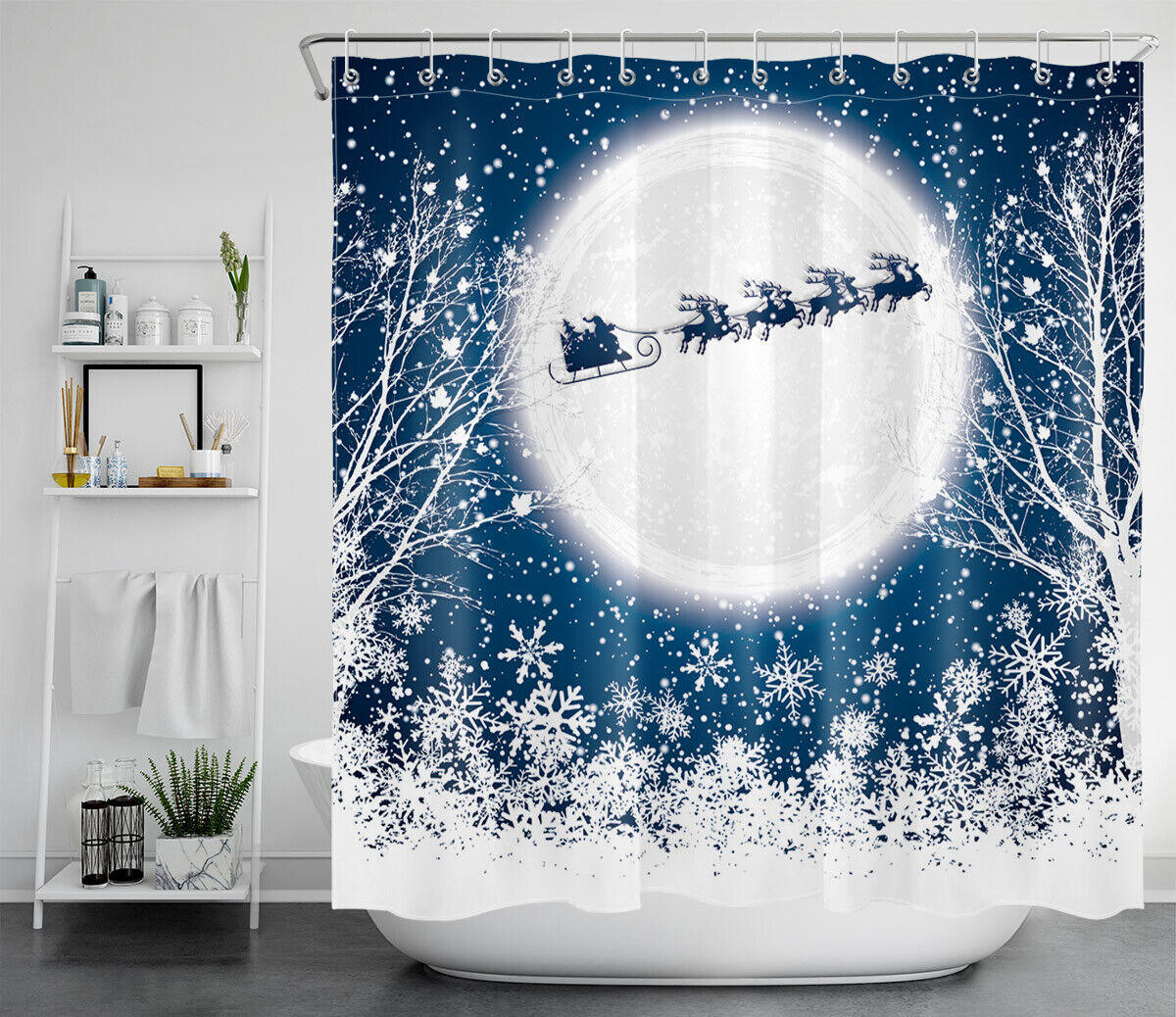 Sprightly Christmas Moon And Snowflake Shower Curtain - Festive Bathroom Accessory - Image 2