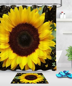 Spring Bloom Sunflower Yellow Butterflies Shower Curtain for Flower Lovers' Bathroom 