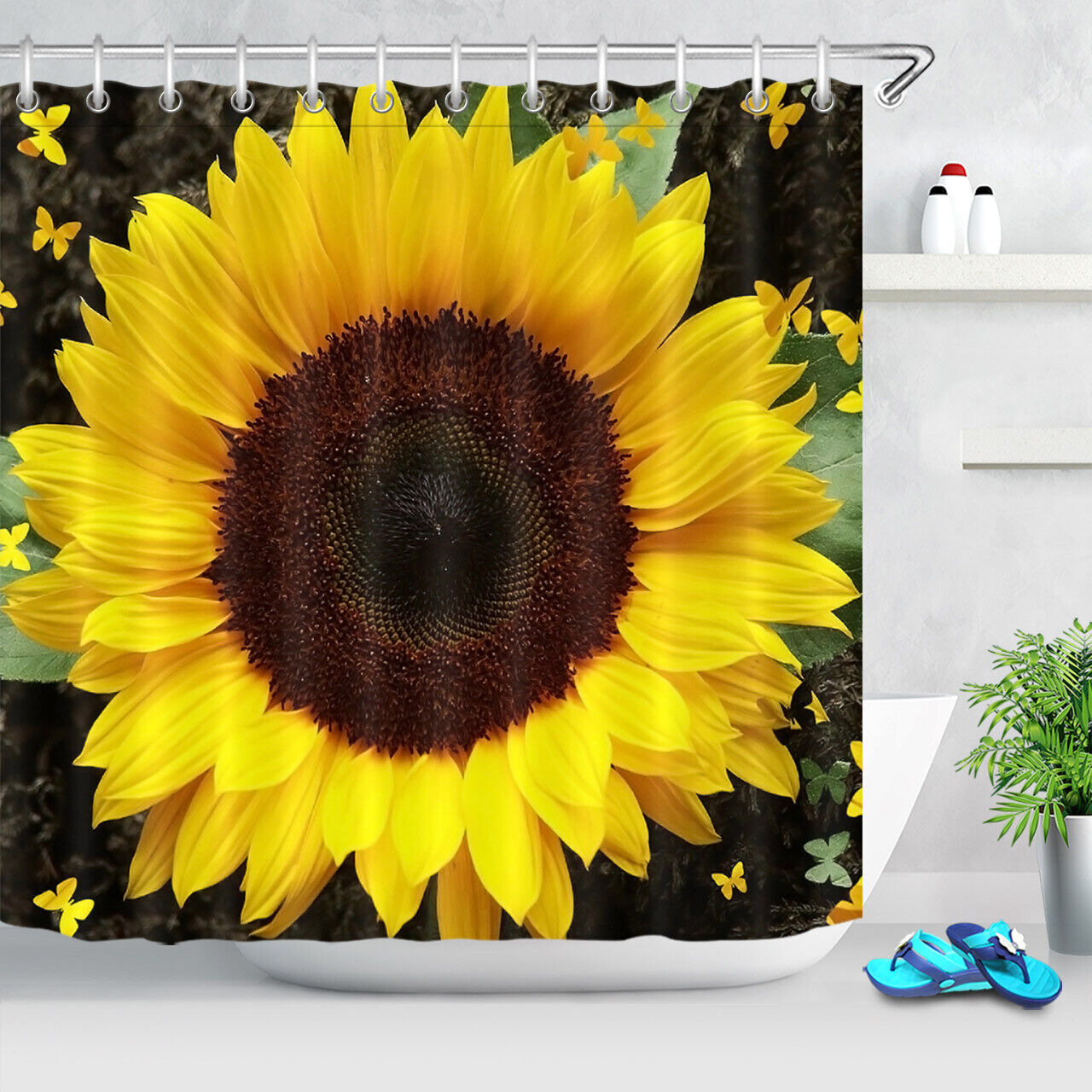 Spring Bloom Sunflower Yellow Butterflies Shower Curtain for Flower Lovers' Bathroom