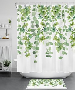 Spring Botanical Eucalyptus Leaves Shower Curtain Set for Rustic Bathroom