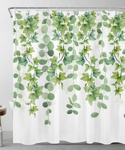 Spring Botanical Eucalyptus Leaves Shower Curtain Set for Rustic Bathroom
