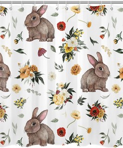 Spring Botanical Floral Easter Shower Curtain for Happy Bunny Bathroom Decor