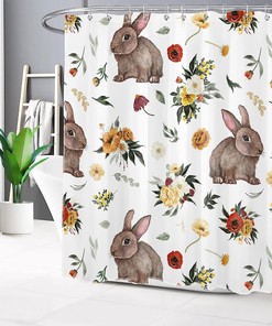 Spring Botanical Floral Easter Shower Curtain for Happy Bunny Bathroom Decor