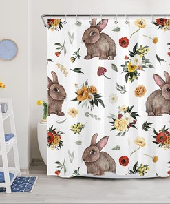Spring Botanical Floral Easter Shower Curtain for Happy Bunny Bathroom Decor