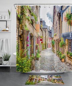 Spring Botanical Flower Landscape Street Shower Curtain Set for Urban Bathroom