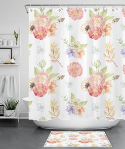 Spring Botanical Green Leaf Pink Floral Shower Curtain Set for Pink Lovers' Bathroom