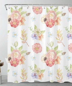 Spring Botanical Green Leaf Pink Floral Shower Curtain Set for Pink Lovers' Bathroom