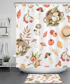Spring Botanical Green Leaf Red Mushroom Shower Curtain Set for Nature Enthusiasts' Bathroom