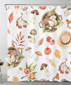 Spring Botanical Green Leaf Red Mushroom Shower Curtain Set for Nature Enthusiasts' Bathroom