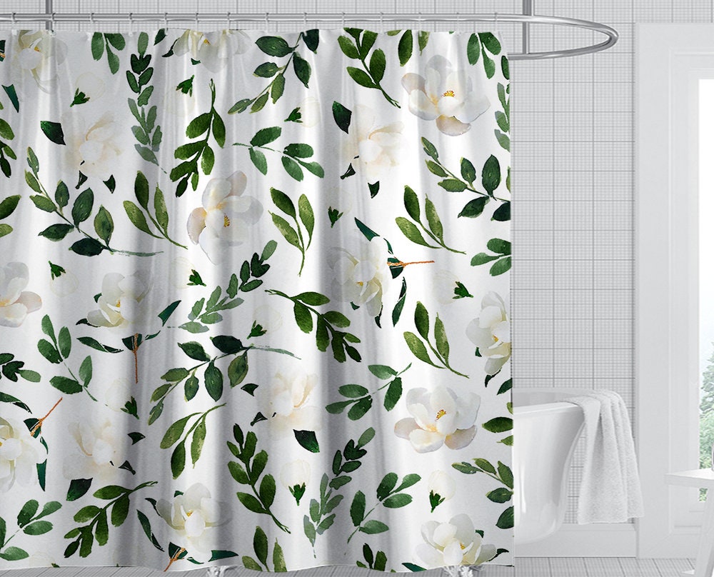Spring Botanical Plant Branch Bouquet Shower Curtain With Green Leaves For Your Bathroom