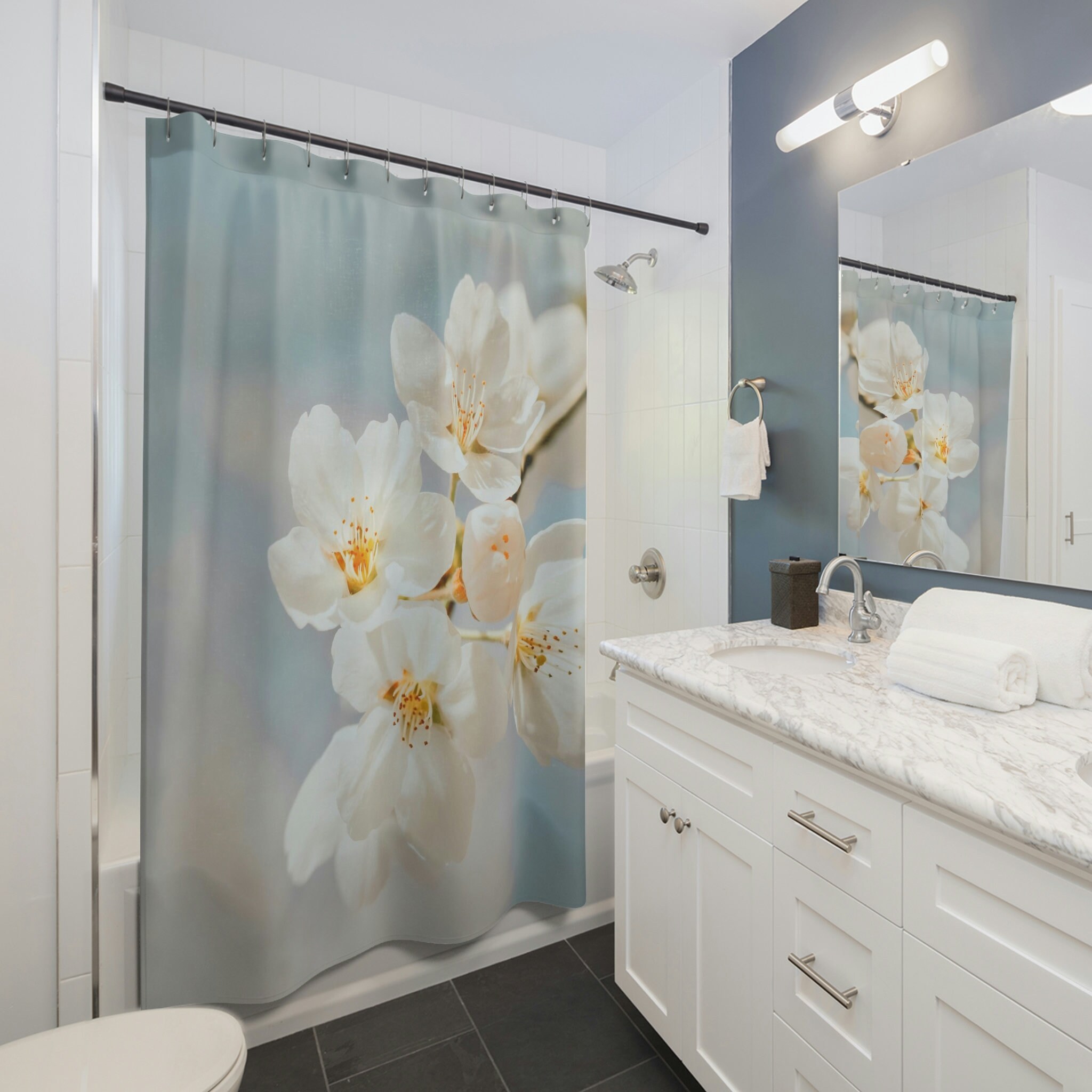 Spring Botanical White Floral Shower Curtain With Earthy And Unique Design For Gardener Decor And Bathroom Decor