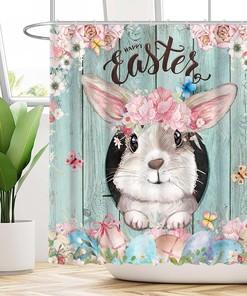 Spring Bunny Print Shower Curtain For Easter Bathroom Decor
