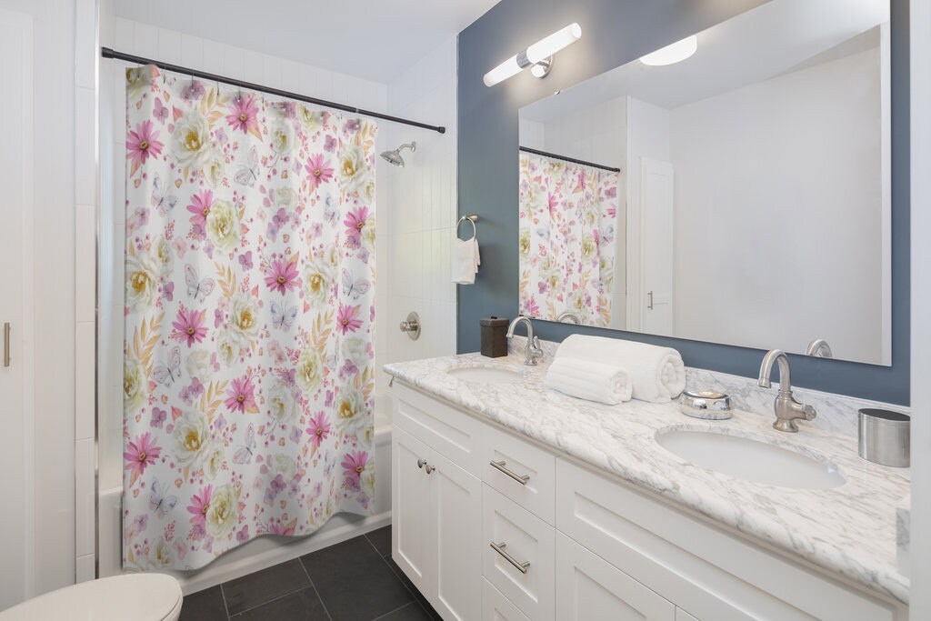 Spring Butterflies and Roses Shower Curtain with Feminine Design for Her