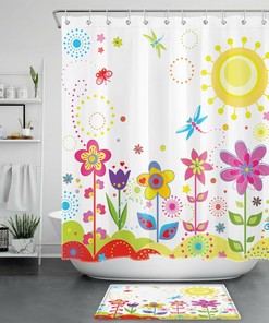 Spring Cartoon Flowers and Butterflies Bathroom Curtain for a Playful Look