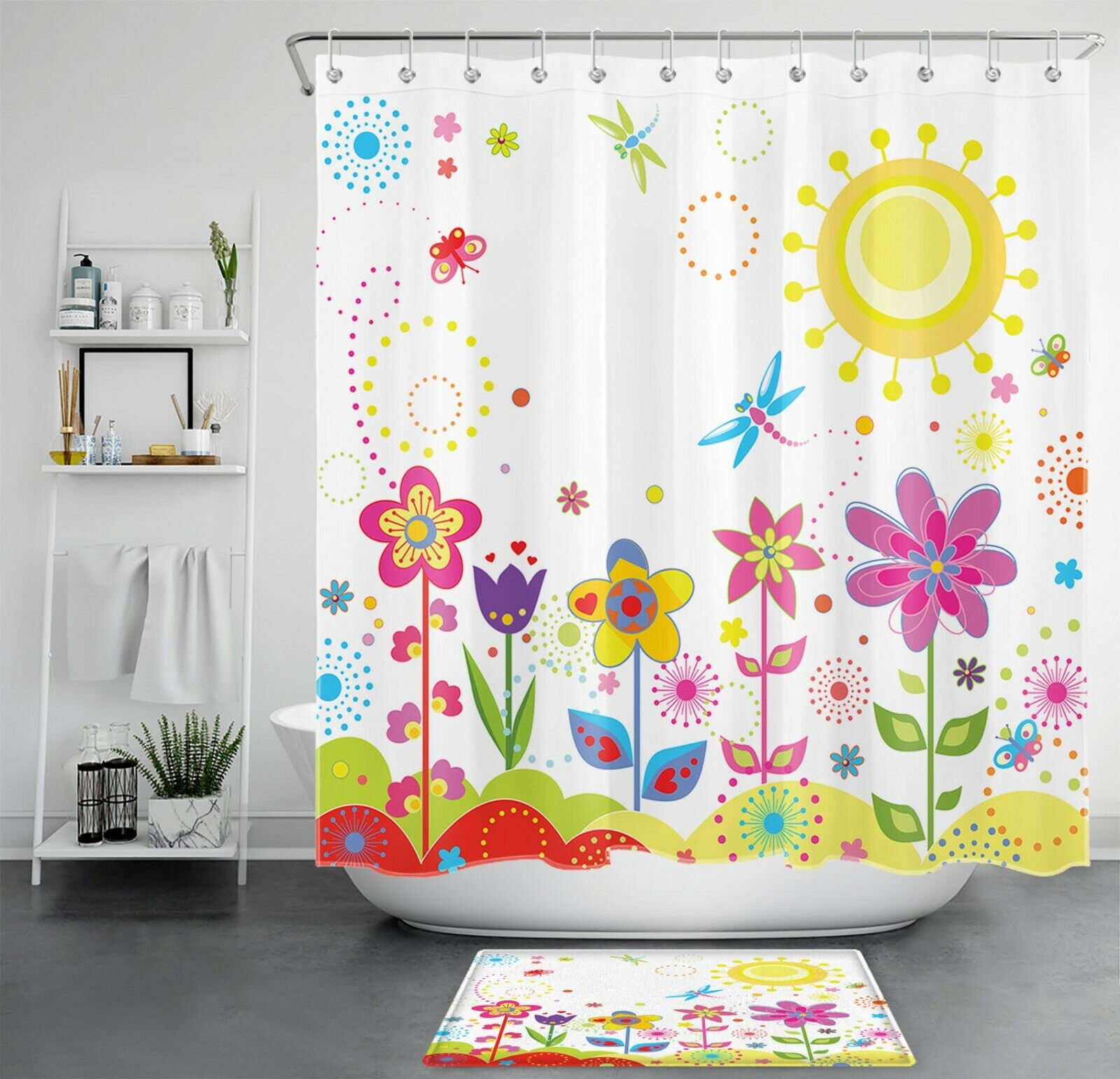 Spring Cartoon Flowers and Butterflies Bathroom Curtain for a Playful Look